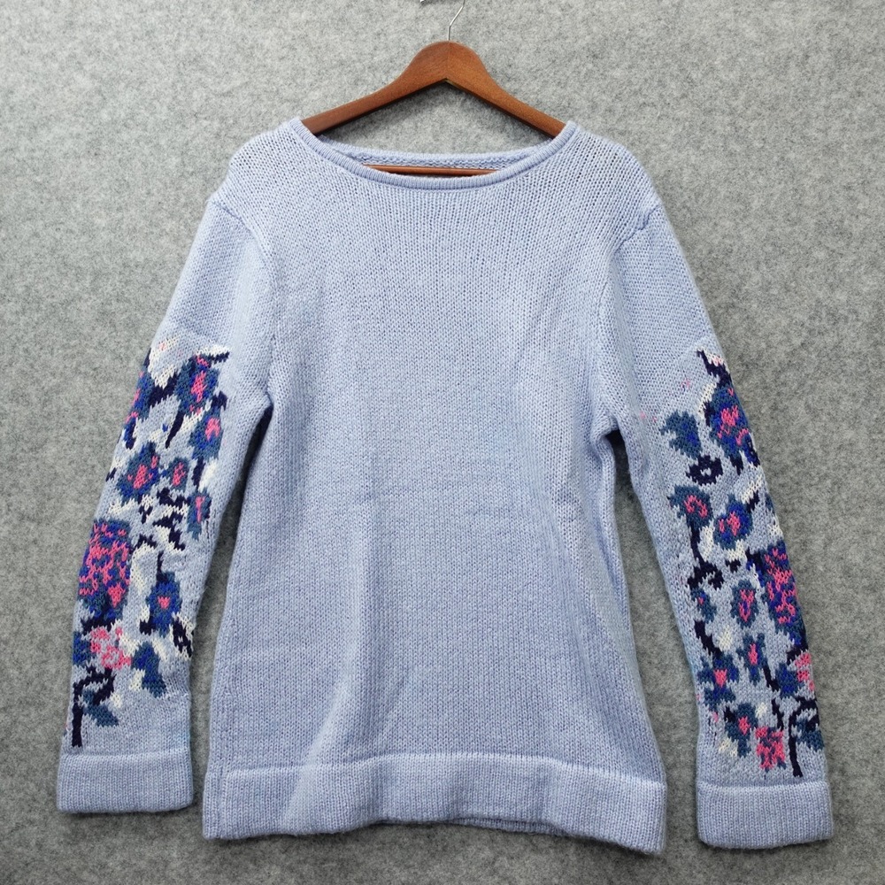 Cotton Traders Pullover Sweater Womens M Pale Blue Floral Sleeve Jumper Cottage
